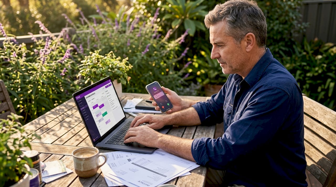 Trade business owner using AI tools at kitchen table