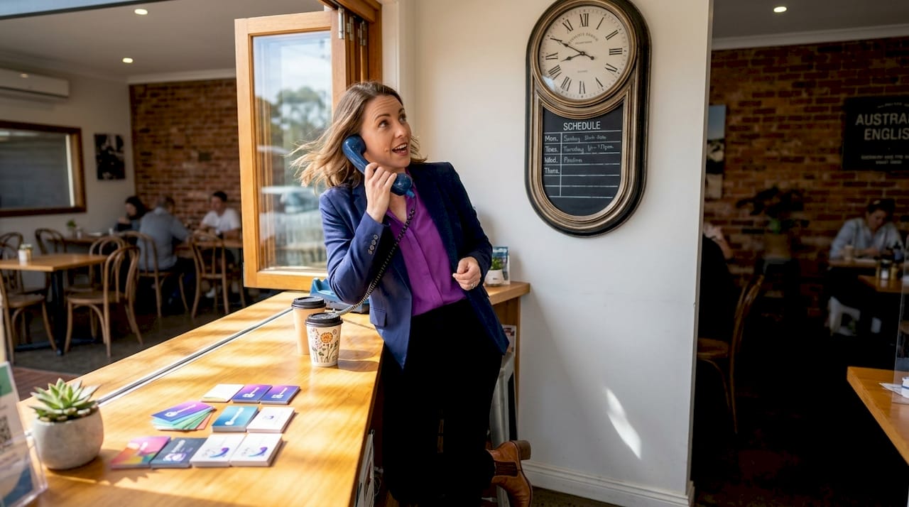 Small business owner speaking into office phone at counter