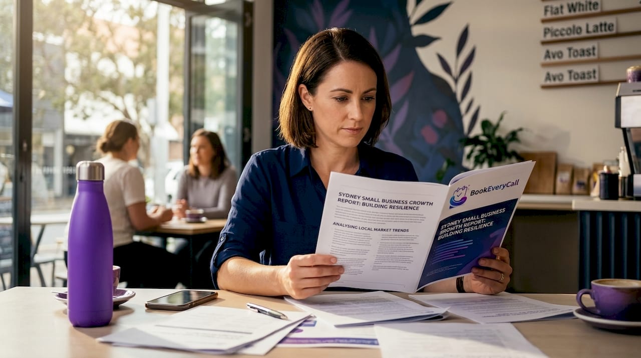 Business owner reviews AI chat interface in coworking space