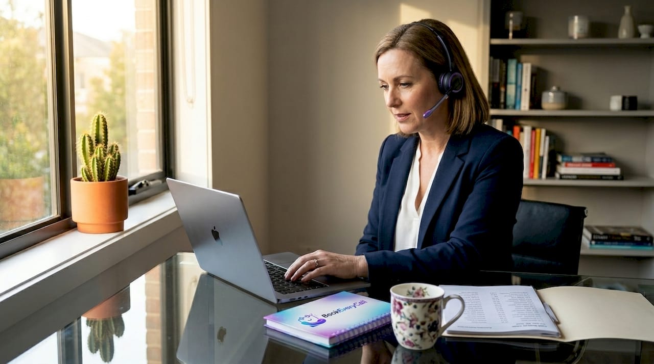 Businesswoman managing calls at home office desk