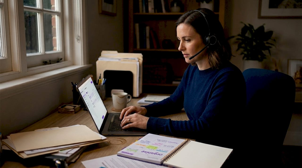 Woman using AI receptionist in home office