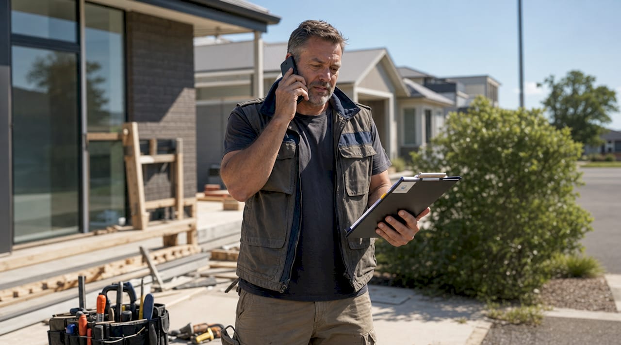 Australian tradie using phone at construction site