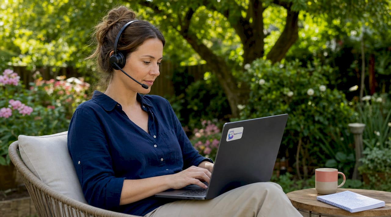 Woman using AI voice receptionist in home office