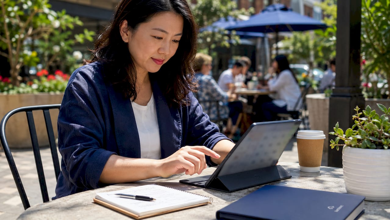Woman managing AI calendar sync on tablet