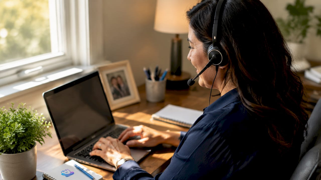 Customer service agent on call at desk
