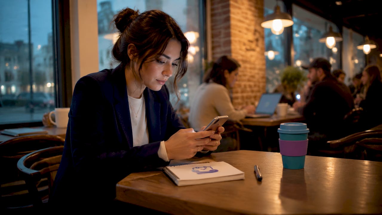 Woman booking appointment via phone in café evening