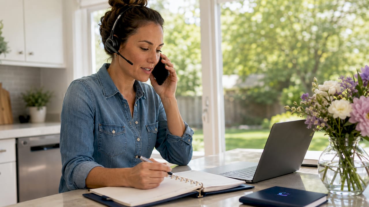Small business owner managing calls with AI receptionist