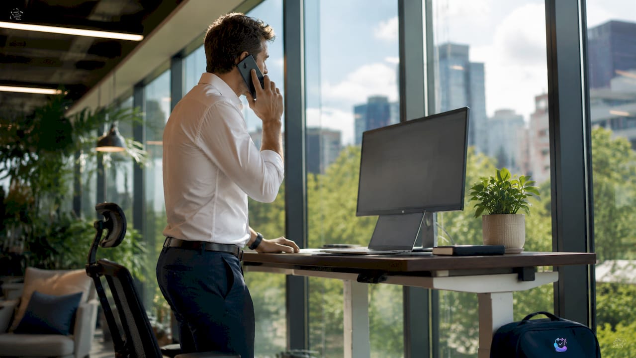 Australian businessman answering call with AI service